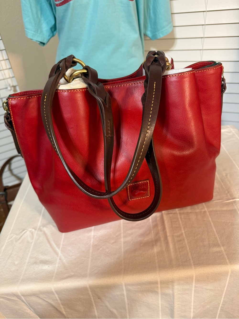 Dooney & Bourke Large Barlow Florentine Red Leather Tote with Dark Brown Handles